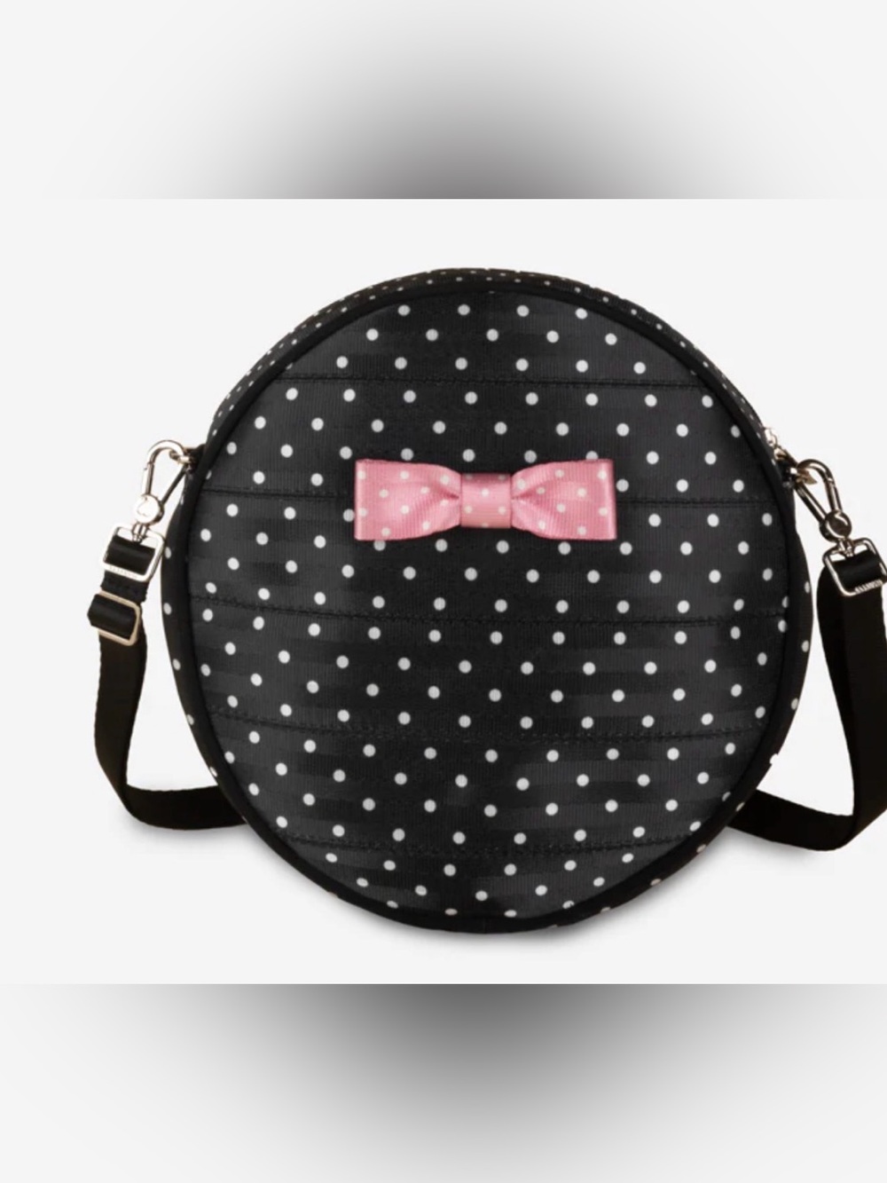 Round Black Polka Dot Crossbody with Pink Bow Harveys Seatbelt NWT